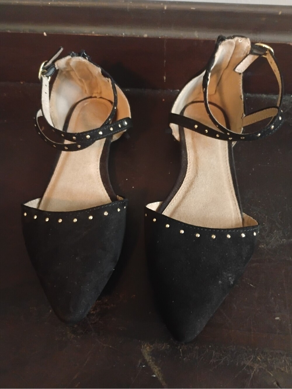 Black Pointed Toe Ankle Strap Flats with Stud Detailing